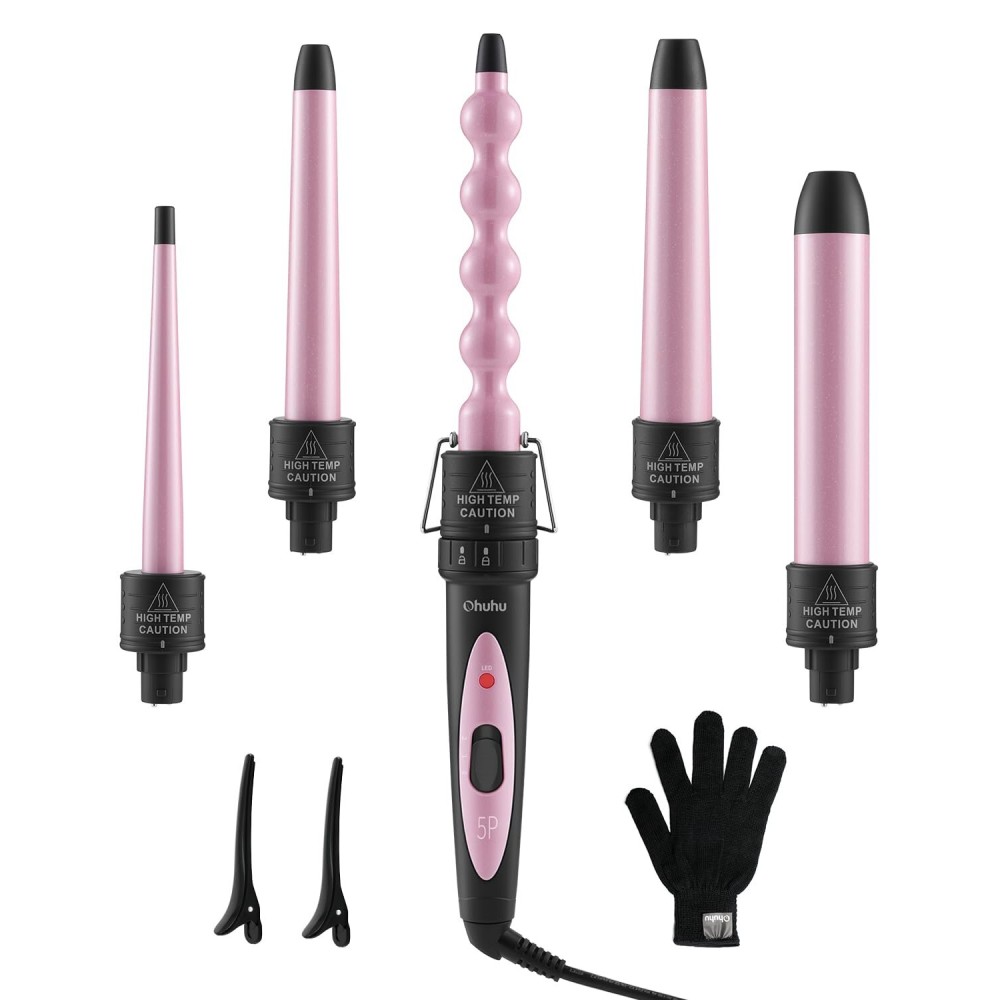 5 in 1 Curling Wand Set: Ohuhu Curling Iron Wand 5Pcs 0.35 to 1.25 Inch Interchangeable Ceramic Barrel Heat Protective Glove 2 Clips Dual Voltage Hair Curler for Girl Women Mother Christmas Gift Pink