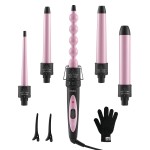 5 in 1 Curling Wand Set: Ohuhu Curling Iron Wand 5Pcs 0.35 to 1.25 Inch Interchangeable Ceramic Barrel Heat Protective Glove 2 Clips Dual Voltage Hair Curler for Girl Women Mother Christmas Gift Pink