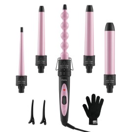 5 in 1 Curling Wand Set: Ohuhu Curling Iron Wand 5Pcs 0.35 to 1.25 Inch Interchangeable Ceramic Barrel Heat Protective Glove 2 Clips Dual Voltage Hair Curler for Girl Women Mother Christmas Gift Pink