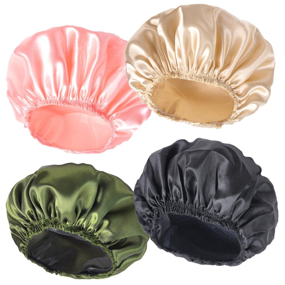 Shower Caps for Women, 4 PCS Elastic and Reusable Bath Caps, Double Layers Shower Cap Reusable Waterproof, Bathing Shower Caps, Environmental Bath Hair Protection Cap - Solid Color B