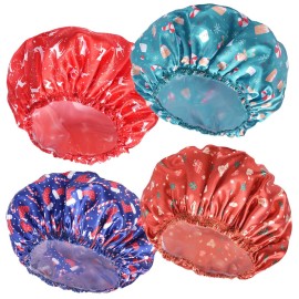 4 PCS Shower Cap for Women, Elastic and Reusable Bath Caps, Double Layers Shower Caps Reusable Waterproof, Bathing Shower Caps, Environmental Bath Hair Protection Cap - Chrismas Pattern
