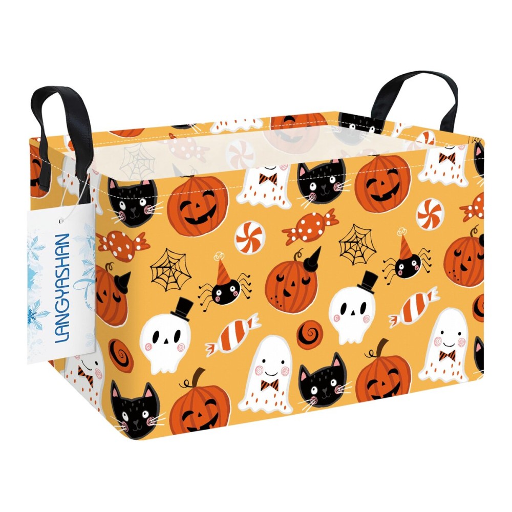 LANGYASHAN Rectangular Halloween Storage Bin Collapse Canvas Fabric Cartoon Storage Basket Home Kitchen Boys and Girls Toys Office Closet Shelf Baskets (Rec Halloween Pumpkin Ghost)