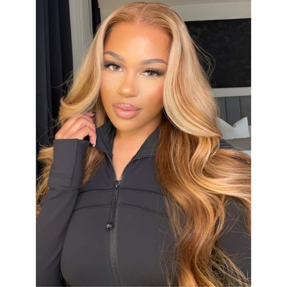 UNICE Honey Blonde Highlight Body Wave 7x5 Lace Front Wigs Human Hair Bye Bye Knots Glueless Drawstring Wig Human Hair Pre Plucked Pre Cut Natural Hairline Put on and Go 16 inch