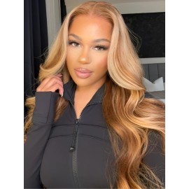 UNICE Honey Blonde Highlight Body Wave 7x5 Lace Front Wigs Human Hair Bye Bye Knots Glueless Drawstring Wig Human Hair Pre Plucked Pre Cut Natural Hairline Put on and Go 16 inch