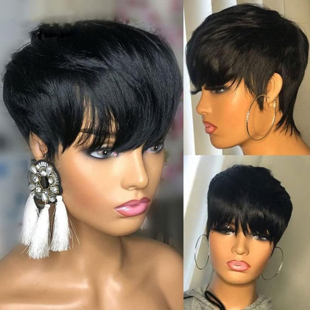 PangDongLai Pixie Cut Wigs for Women Chic Short Wigs for Daily Use Short Layered Pixie Cut Human Hair Wigs With Bangs Glueless Full Machine Made Wig Natural Black Color