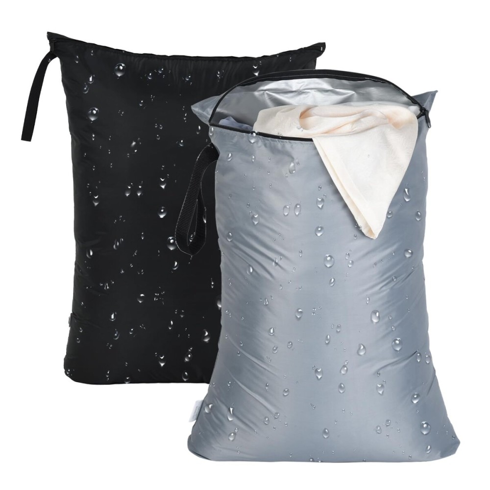 OTraki 2Pcs Exlarge Wet Bag 24x32 inch Reusable Waterproof Wet Dry Bag with Zipper Handle Wet Clothes Blanket Bedding Coat Sweater Machine Washable Laundry Bag for Travel Hotel Camping, Black & Grey