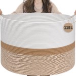 INDRESSME 115L Extra Large Cotton Rope Basket, Woven Baby laundry Blanket Basket for Home Decor Living Room Nursery, Toy Storage Baskets for Kids Boys Girls, White & Camel Mix