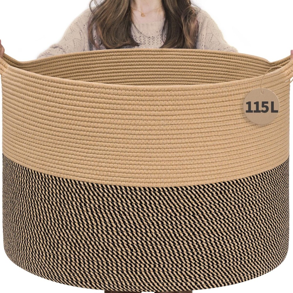 INDRESSME 115L Extra Large Blanket Basket, Woven Baskets for Storage, Wicker Storage Basket for Organizing Woven Laundry Baskets for Toy Pillow Shoe Entryway, Camel & Mix Camel