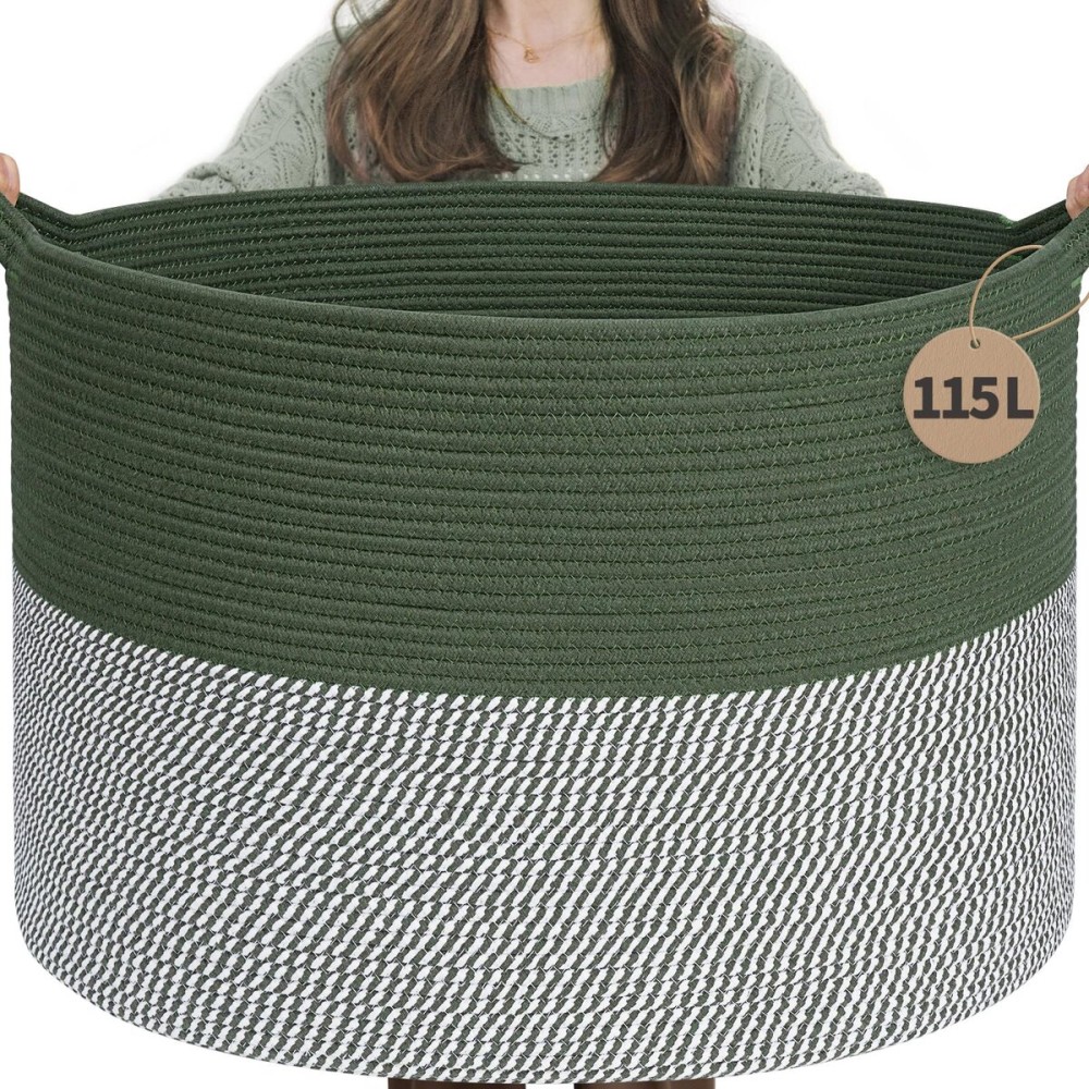 INDRESSME 115L Extra Large Cotton Rope Blanket Basket, Home Decor Laundry Storage Basket for Organizing Bedroom, Living Room, Nursery, Toy Storage for Colthes Towel, Green
