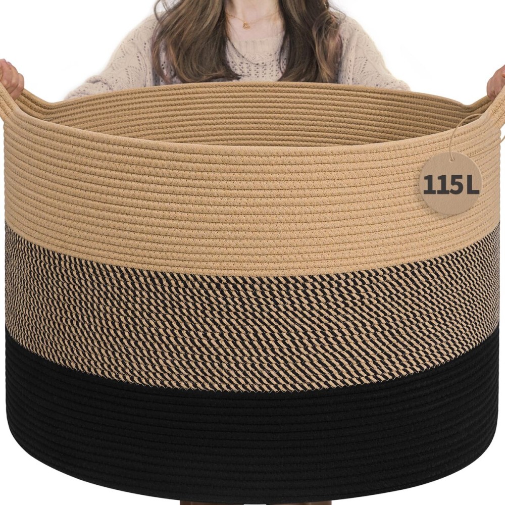INDRESSME 115L Extra Large Blanket Basket for Apartment Dcor, Woven Baby Laundry Hamper Shoe Basekts for Entryway, Wicker Storage Basket for Organizing, Camel Mix & Black