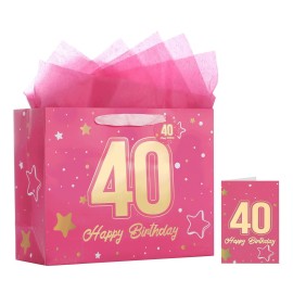 Powbrace 13 Pink 40th Birthday Gift Bag with Tissue Paper and Greeting Card for Party,Happy Birthday Gift Bag for Men Women,Gift Bags Medium size(1 Pink 40th)