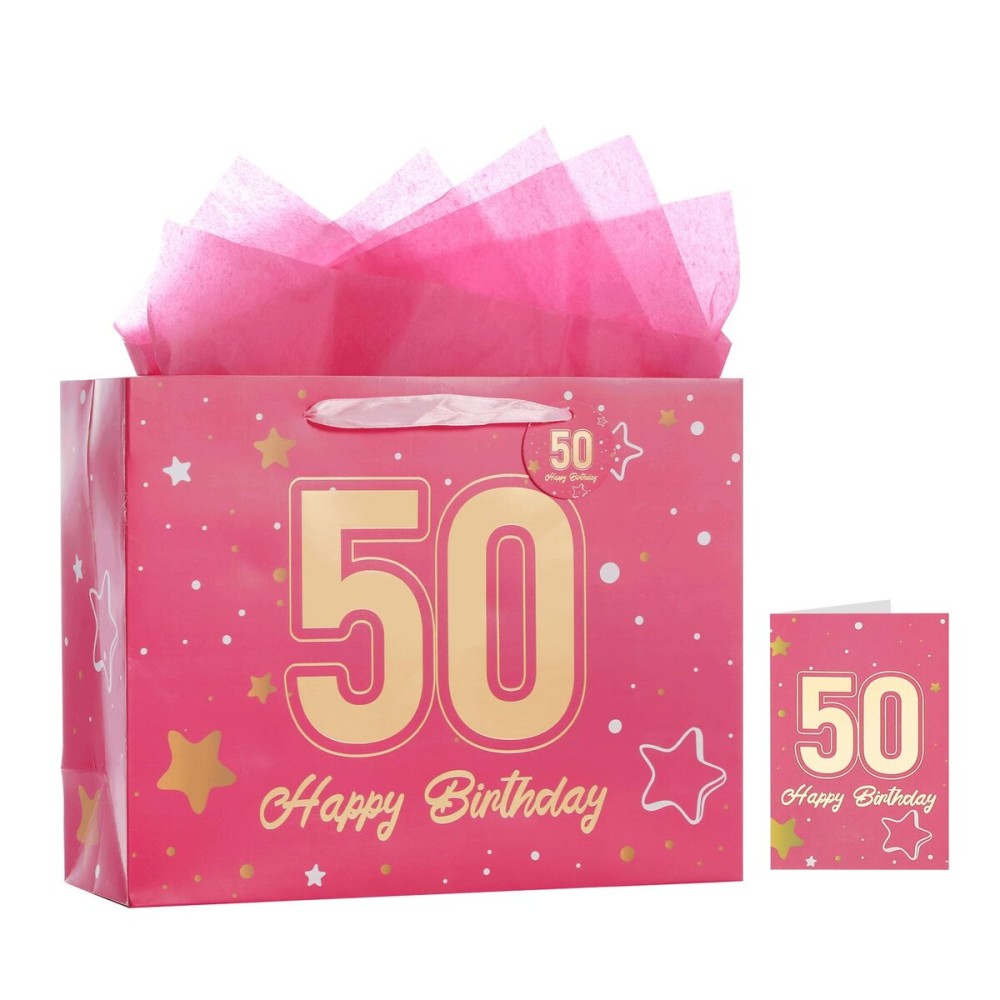 Powbrace 13 Pink 50th Birthday Gift Bag with Tissue Paper and Greeting Card for Party,Happy Birthday Gift Bag for Men Women,Gift Bags Medium size(1 Pink 50th)