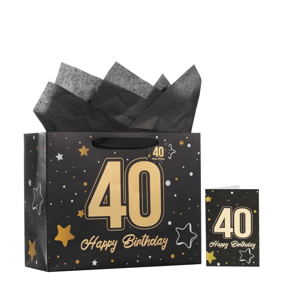 Powbrace 13 Black 40th Birthday Gift Bag with Tissue Paper and Greeting Card for Party,Happy Birthday Gift Bag for Men Women,Gift Bags Medium size(1 Black 40th)