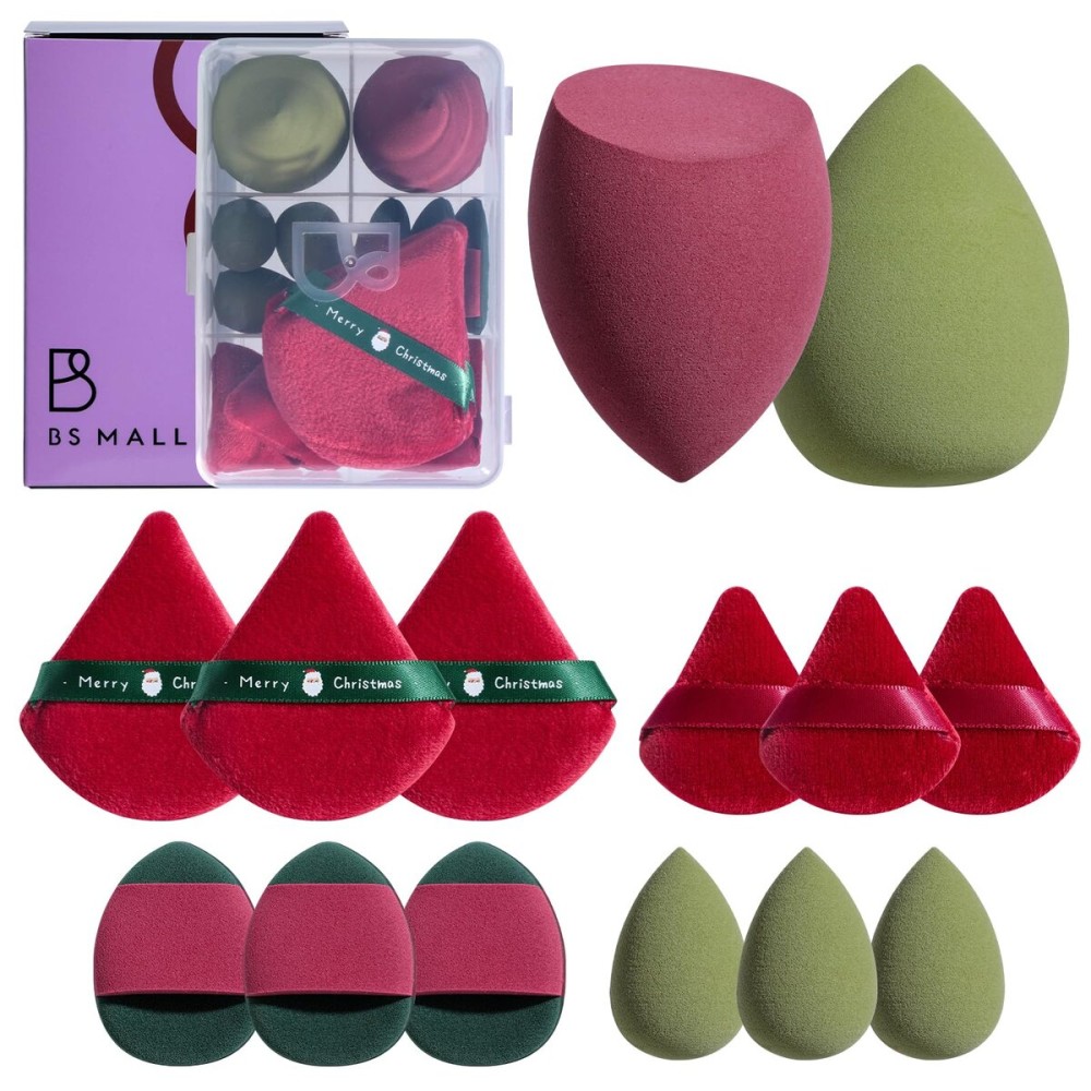 Makeup Sponge Set BS-MALLTriangle Puff 14 Pcs for Liquid, Cream, and Powder, Multi-colored Makeup Sponges and Mini Makeup Sponge (Green Red)