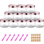 12 Pack 6 oz Plastic Cosmetic Containers With Rose Gold Lids Refillable Clear Empty Travle Jars Containers for Body Butter,Sugar Scrubs,Cream,Lotions,Candy, Label&Spatulas