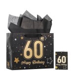 Powbrace 13 Black 60th Birthday Gift Bag with Tissue Paper and Greeting Card for Party,Happy Birthday Gift Bag for Men Women,Gift Bags Medium size(1 Black 60th)