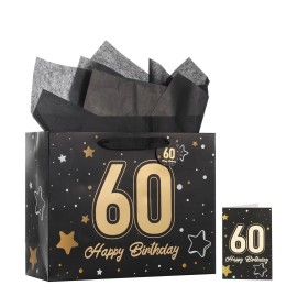 Powbrace 13 Black 60th Birthday Gift Bag with Tissue Paper and Greeting Card for Party,Happy Birthday Gift Bag for Men Women,Gift Bags Medium size(1 Black 60th)