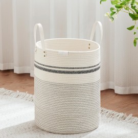 VIPOSCO Tall Laundry Basket, Large Dirty Clothes Hamper with Leather Handle, Woven Rope Storage Basket for Blanket, Toy In Living Room, Bathroom, Bedroom - 53L Stripe White