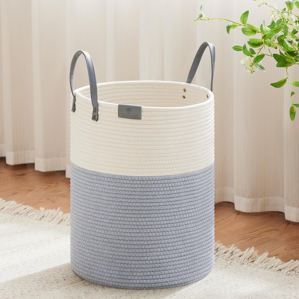 VIPOSCO Tall Laundry Basket, Large Dirty Clothes Hamper with Leather Handle, Woven Rope Storage Basket for Blanket, Toy In Living Room, Bathroom, Bedroom - 53L Grey & White