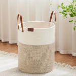 VIPOSCO Tall Laundry Basket, Large Dirty Clothes Hamper with Leather Handle, Woven Rope Storage Basket for Blanket, Toy In Living Room, Bathroom, Bedroom - 53L White & Brown