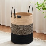 VIPOSCO Tall Laundry Basket, Large Dirty Clothes Hamper with Leather Handle, Woven Rope Storage Basket for Blanket, Toy In Living Room, Bathroom, Bedroom - 53L Brown & Black