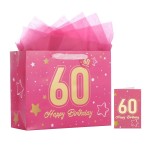 Powbrace 13 Pink 60th Birthday Gift Bag with Tissue Paper and Greeting Card for Party,Happy Birthday Gift Bag for Men Women,Gift Bags Medium size(1 Pink 60th)