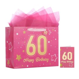 Powbrace 13 Pink 60th Birthday Gift Bag with Tissue Paper and Greeting Card for Party,Happy Birthday Gift Bag for Men Women,Gift Bags Medium size(1 Pink 60th)