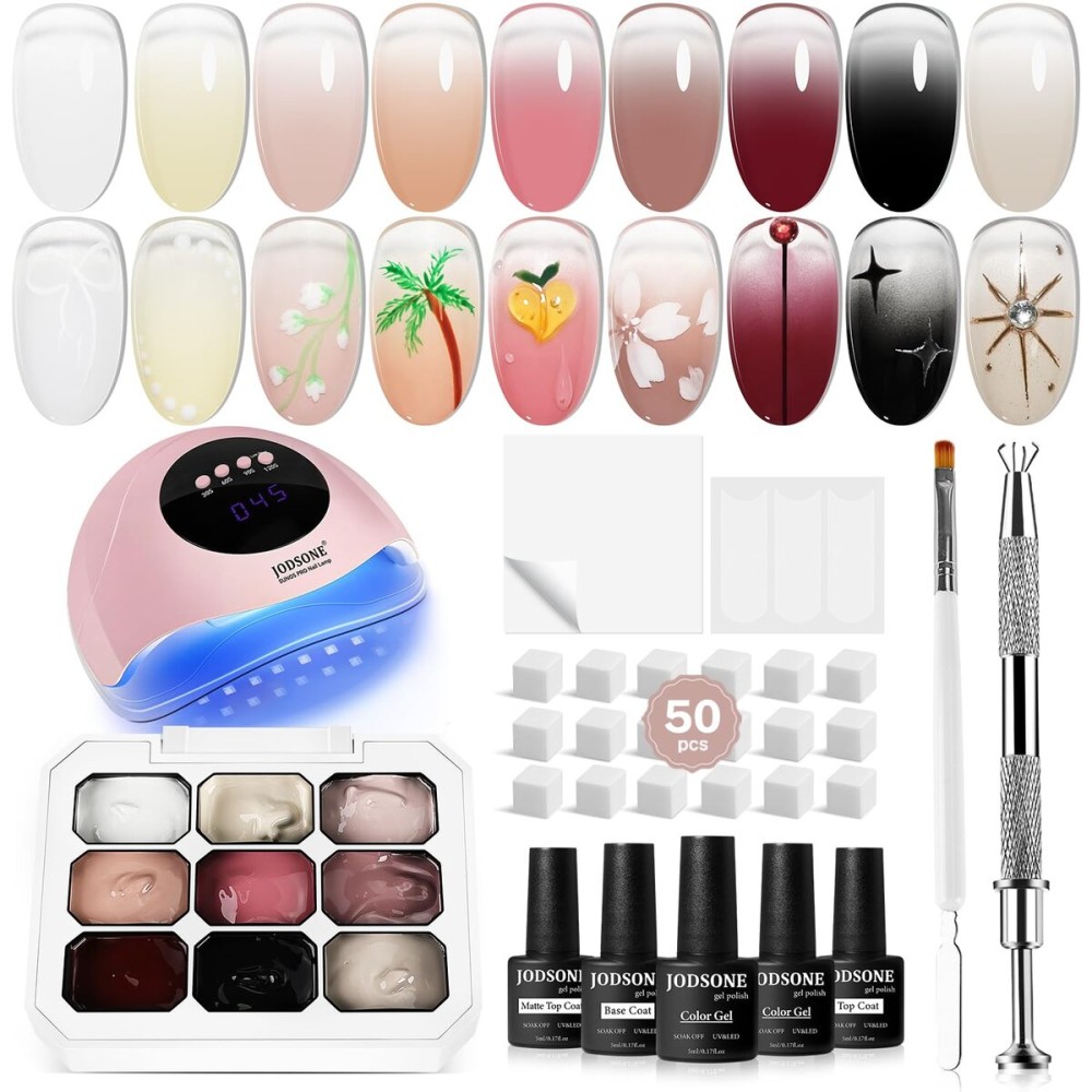 JODSONE Patting Gel Nail Polish Kit, 9 Colors U V/LED Gradient Painting Sponge Gel Kit with 50 PCS Nail Sponges and Grabbing Pen for Home & Salon Use