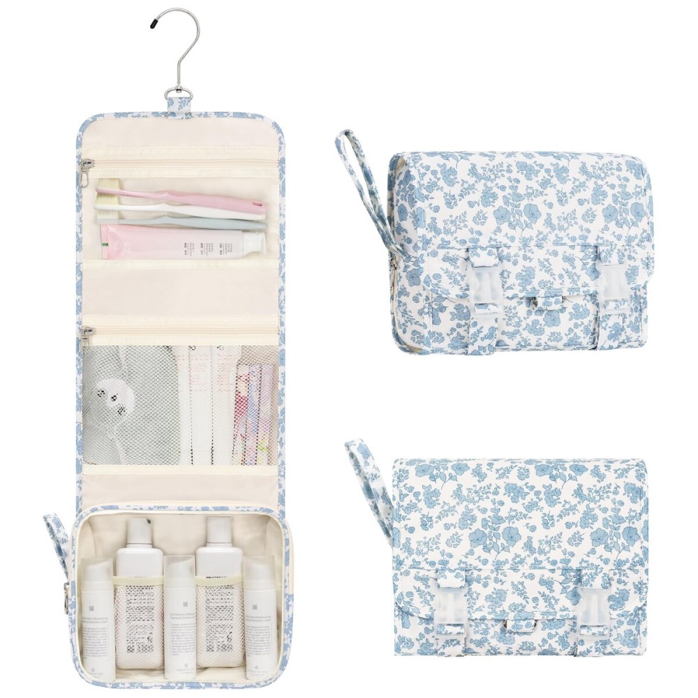 Relavel Small Hanging Toiletry Bag for Men and Women, Portable Hanging Organizer for Travel-Sized Shower Dopp Kit, Waterproof Toiletries Organizer with 3 Compartments for Outdoor - Blue Flower