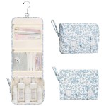 Relavel Small Hanging Toiletry Bag for Men and Women, Portable Hanging Organizer for Travel-Sized Shower Dopp Kit, Waterproof Toiletries Organizer with 3 Compartments for Outdoor - Blue Flower