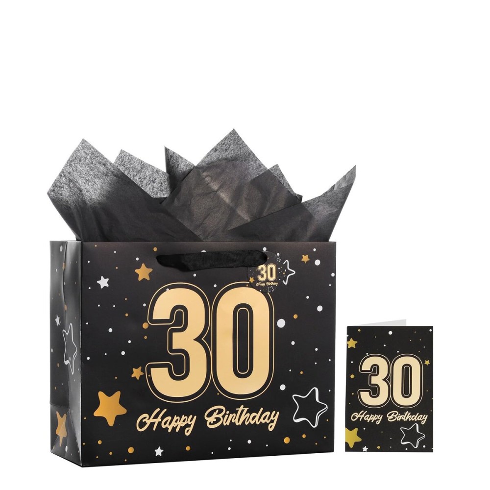 Powbrace 13 Black 30th Birthday Gift Bag with Tissue Paper and Greeting Card for Party,Happy Birthday Gift Bag for Men Women,Gift Bags Medium size(1 Black 30th)