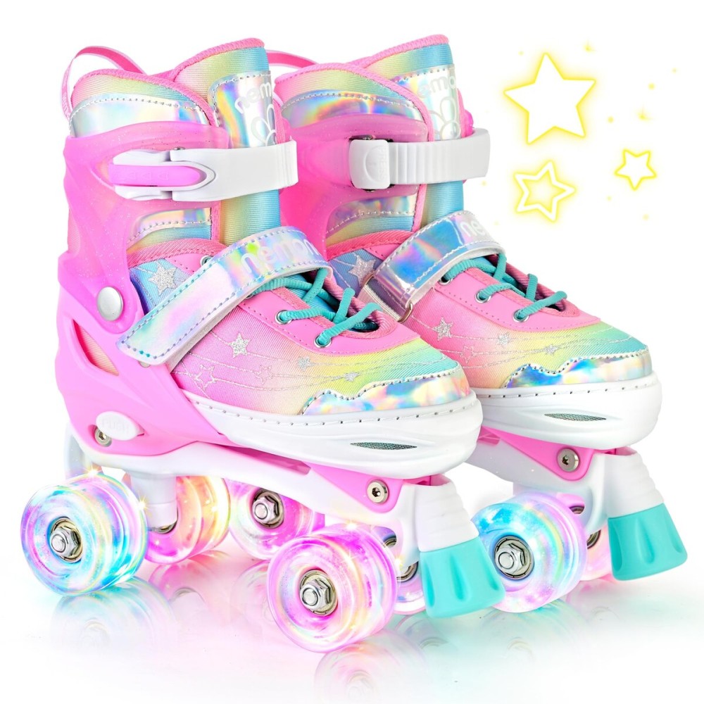 NEMONE Unicorn 4 Size Adjustable Light up Roller Skates for Girls, Pink Skates for Toddlers, Beginner Kids Roller Skates Indoor Outdoor (Unicorn S New)