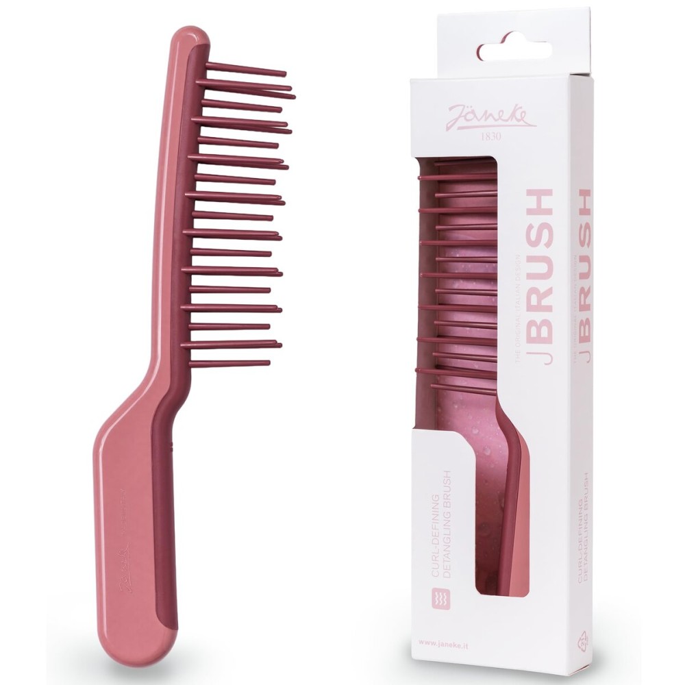 Janeke J-Brush Detangling Comb for Curly and Wavy Hair - Wide Tooth J-Shape Brush for Wet and Dry Use - Anti-Frizz, Lightweight and Gentle on Scalp - Made in Italy Professional Styling Tool (Pink)