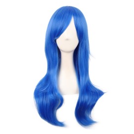 MapofBeauty 28 Inch/70 cm Women Side Bangs Long Curly Hair Cosplay Synthetic Wig (Bright Blue)