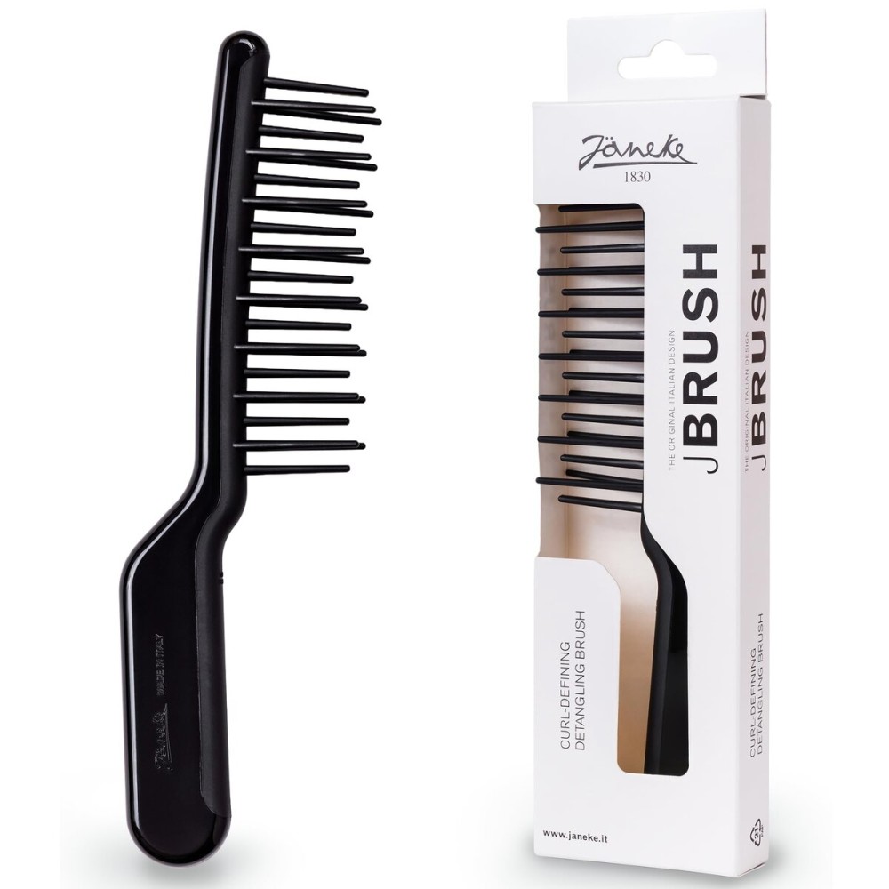 Janeke J-Brush Detangling Comb for Curly and Wavy Hair - Wide Tooth J-Shape Brush for Wet and Dry Use - Anti-Frizz, Lightweight and Gentle on Scalp - Made in Italy Professional Styling Tool (Black)