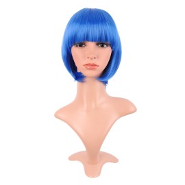 MapofBeauty 12 Inch /30 cm Fashion Lady Short Straight Synthetic Flat Bangs Bob Wig (Bright Blue)