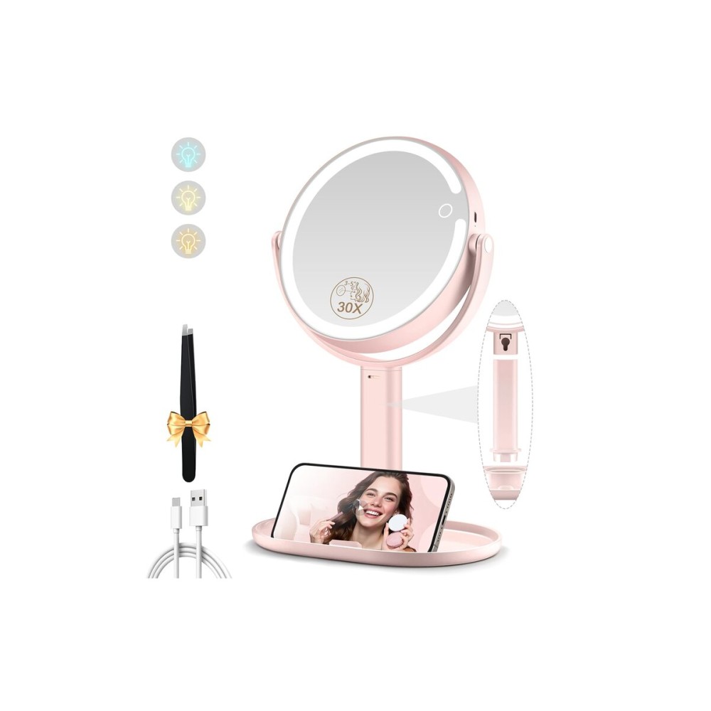 MOMOKUBA Makeup Mirror with Lights, Double Sided 1x/30x Magnifying Mirror with Light, Rechargeable 3 Color Lights and Adjustable Brightness, 360 Rotation Detachable Comes with Tweezer(Pink)