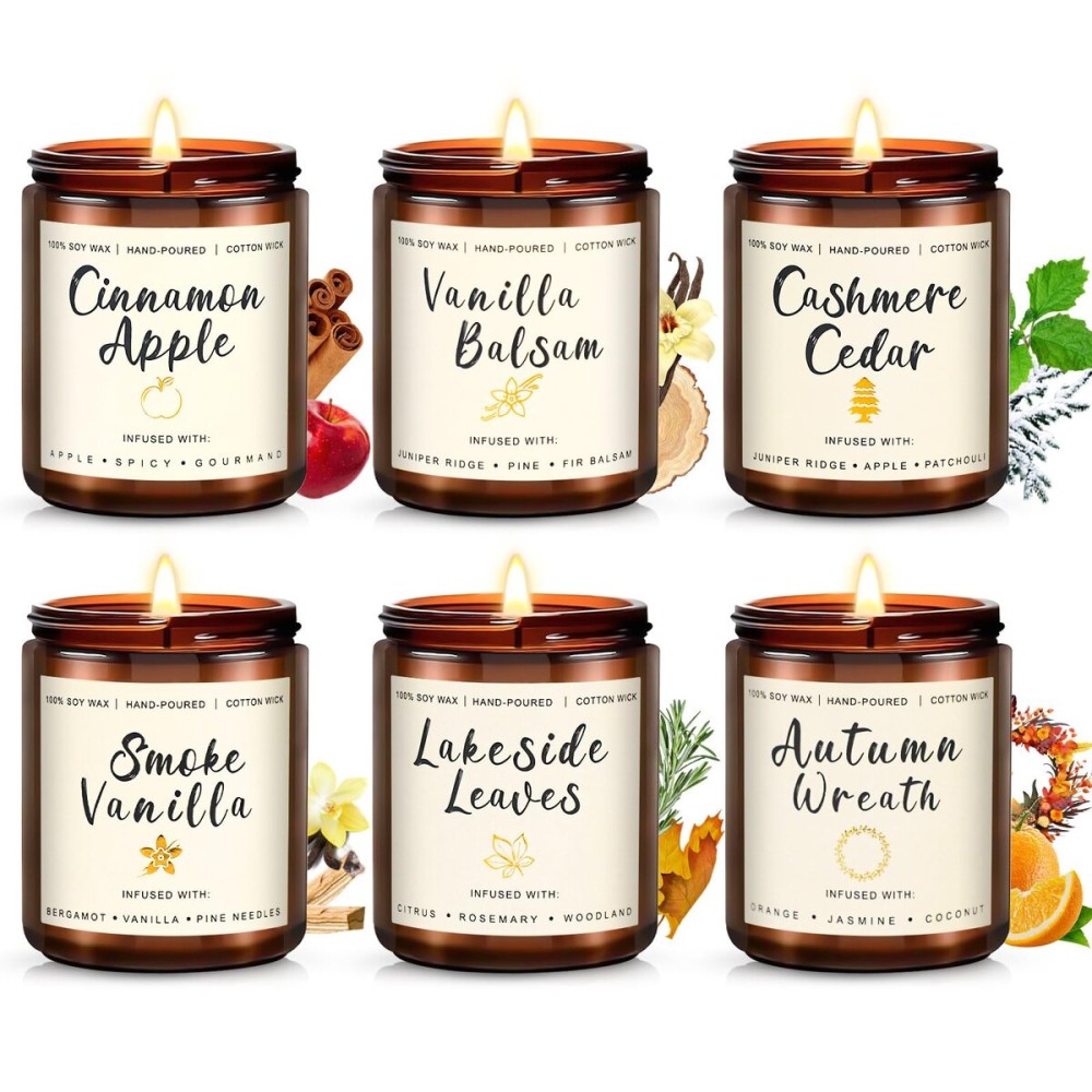 6 Pack Fall Winter Scented Candles for Home, Candles Gifts Sets for Women Men Birthday Thanksgiving Christmas, 7.1Oz Large Jar | Long Lasting Soy Wax Candles with Cinnamon Apple, Smoke Vanilla