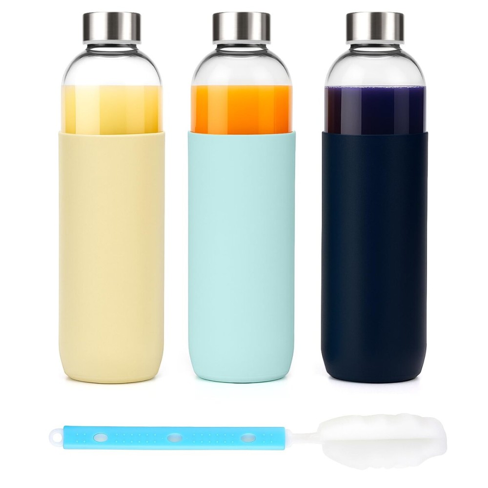 Luxfuel 32 oz Glass Water Bottles with Lids and Silicone Sleeve, Reusable Juice Bottles with Stainless Steel Leak Proof Cap, Beverage Storage Containers for Juicing & Water, BPA Free Set of 3