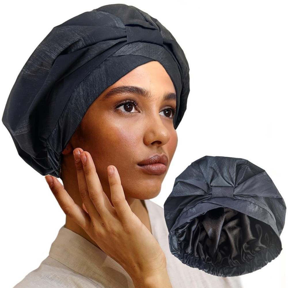 Reusable Shower Cap for Women Reusable Waterproof - Leakproof, Nonslip Hair Cap for Shower Flexiband - Soft, Breathable, Durable Christmas Shower Caps by SMPL OBJECTS (Coal)