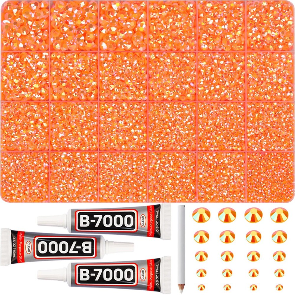 31000Pcs Orange Resin Rhinestones for Bedazzling, Bedazzle Gems Flatback Jelly Orange ab Bedazzled Crystals Jewel Diamond for Crafting Clothes Crafts, Gemstone Stone Rinestone Set 2-6mm and b7000 Glue