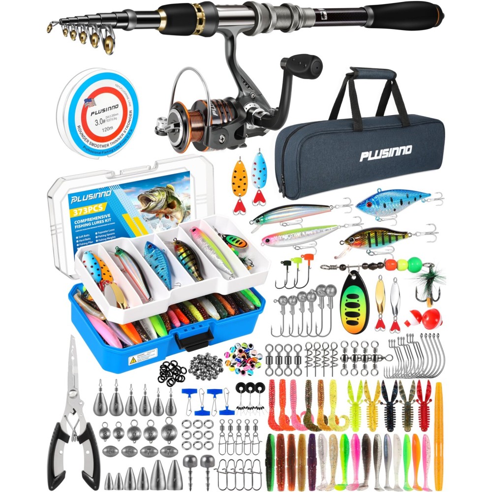 PLUSINNO Telescopic Fishing Rod and Reel Combo with 373PCS Tackle Box, Collapsible Rod and Lures Box, Travel Fish Pole Starter Kit, Fishing Accessories Gear Tackle Lure Kit Gifts for Men Bass Trout