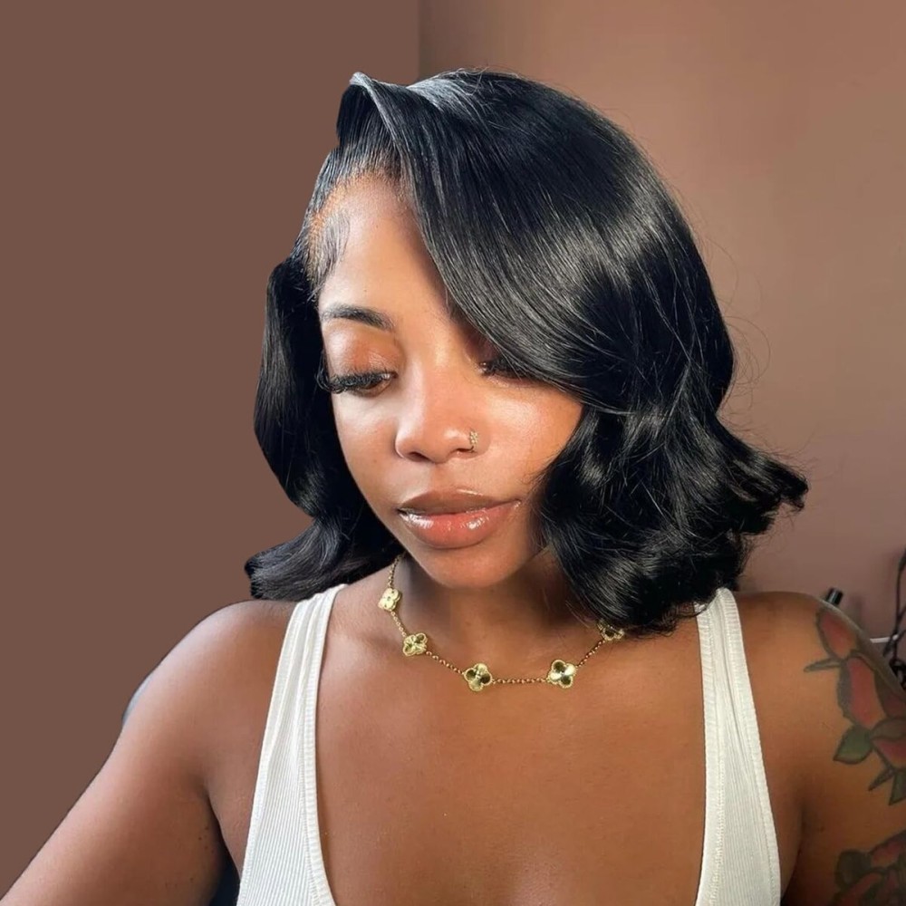 Douyin Bob Wig Human Hair 13x4 Frontal Lace Wig Body Wave HD Lace Front Wigs Human Hair Pre Plucked Glueless Bob Wigs for Women (12 inch,Natural Black)