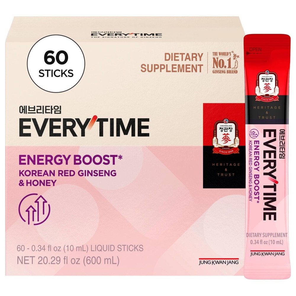 JUNG KWAN JANG Everytime Energy Boost Korean Red Ginseng Extract 1,000mg & Honey - Vegan Panax Drink Liquid Stick Supplements - No Caffeine, No Gluten, No-GMO 0.34 fl oz, 10EA (Pack of 6)
