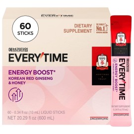 JUNG KWAN JANG Everytime Energy Boost Korean Red Ginseng Extract 1,000mg & Honey - Vegan Panax Drink Liquid Stick Supplements - No Caffeine, No Gluten, No-GMO 0.34 fl oz, 10EA (Pack of 6)