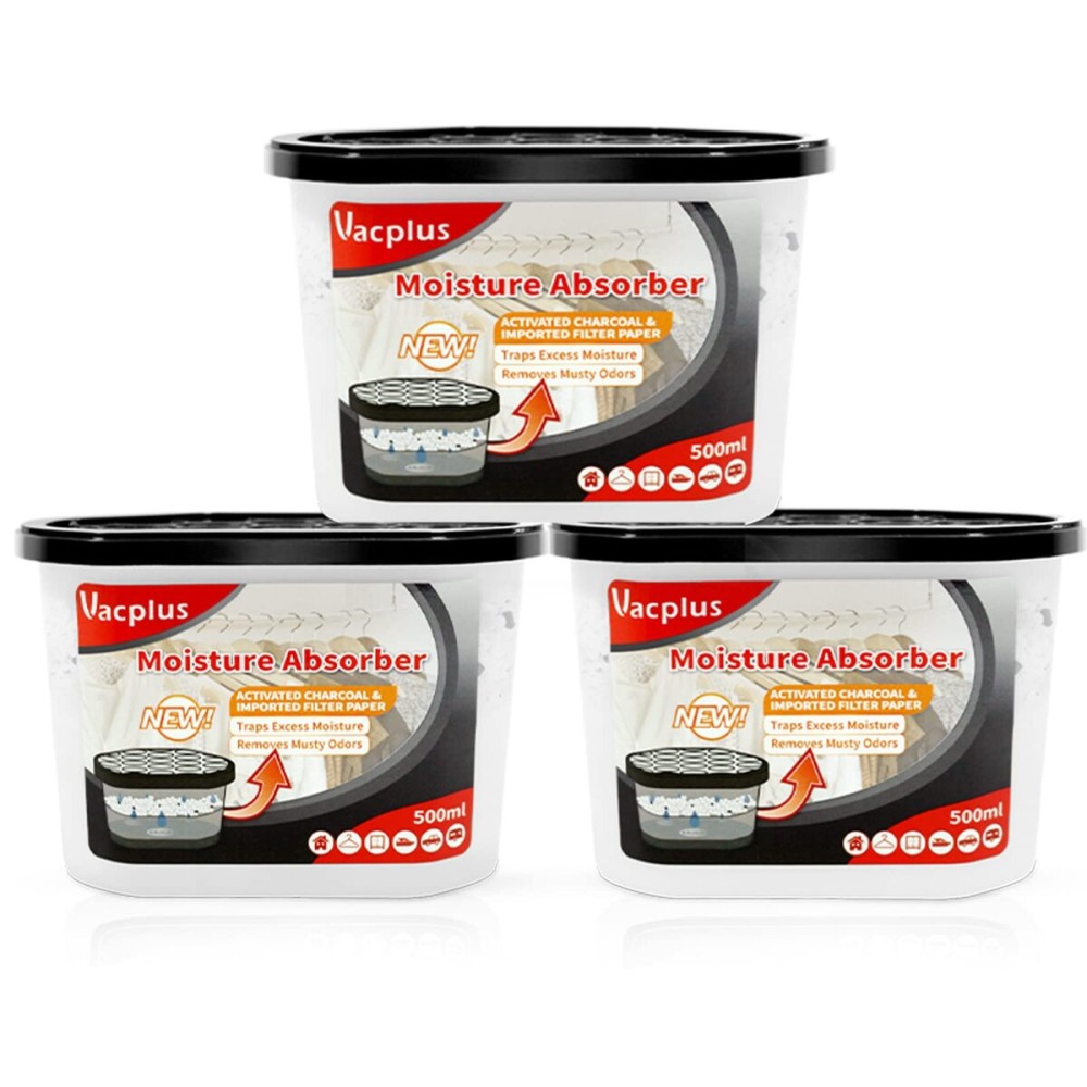 Vacplus Moisture Absorbers - Dehumidifiers for Closet, Efficient Humidity Absorber Boxes Collect Excess Moisture for Bathroom, Kitchen, Study, Activated Charcoal, 3 Pack