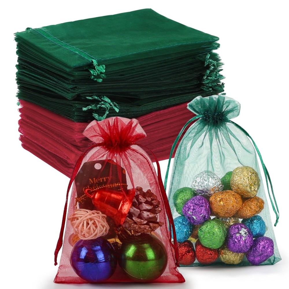 HRX Package 100pcs Organza Bags Dark Green & Red, 4x6 inch Small Christmas Gift Bags Mesh Candy Jewelry Pouches