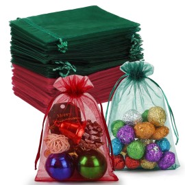HRX Package 100pcs Organza Bags Dark Green & Red, 4x6 inch Small Christmas Gift Bags Mesh Candy Jewelry Pouches