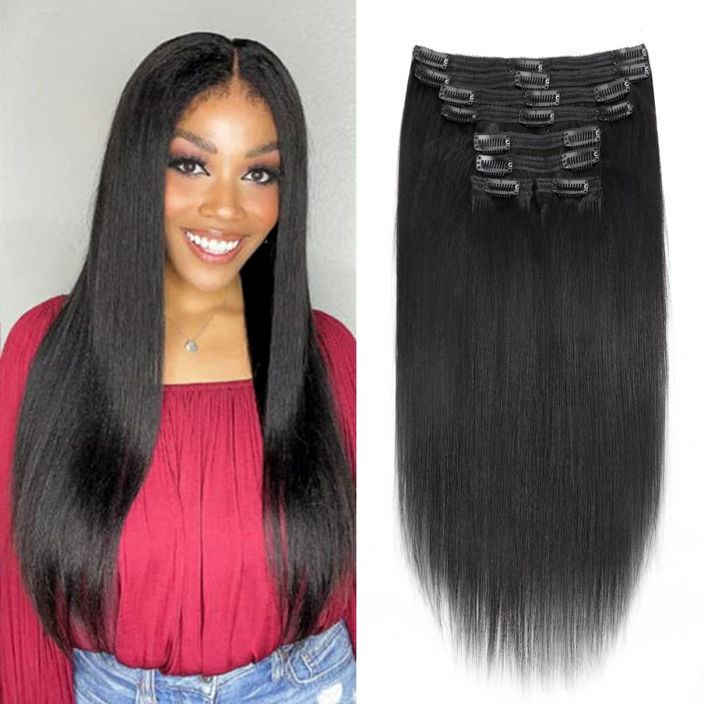 Mihugass Yaki Straight Clip ins Real Human Hair 18 Inch Brazilian Virgin Hair Clip in Hair Extensions Wear and Go Yaki Straight Clip on Hair Extensions 18Clips Per Set 120G Natural Color