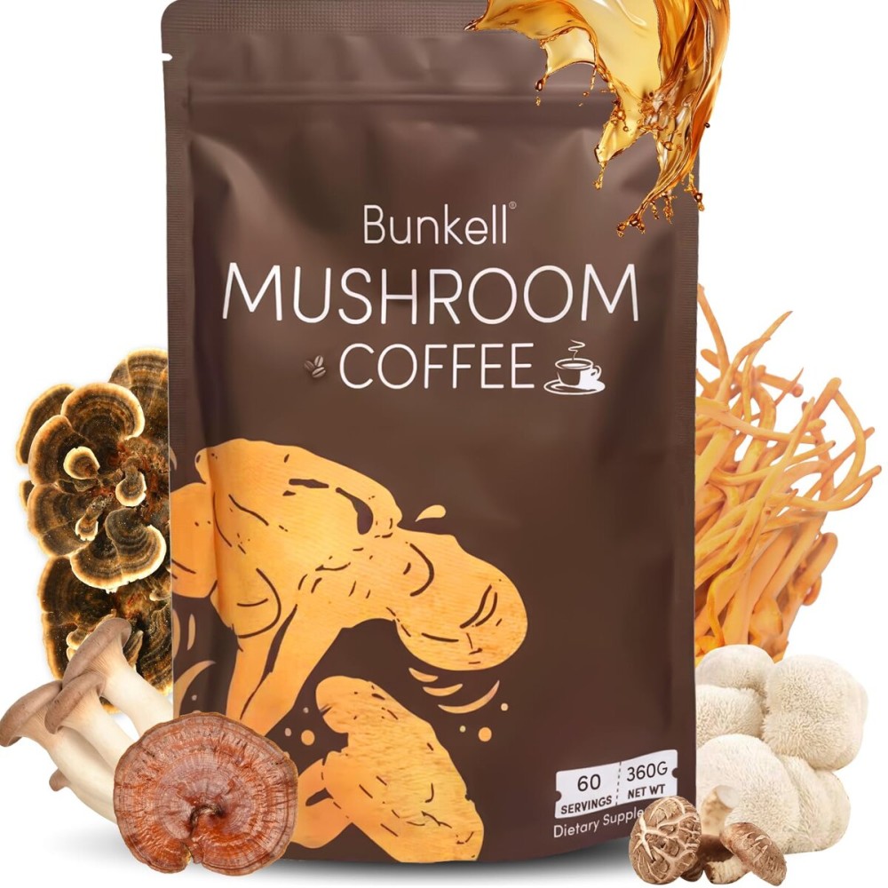 Bunkell Mushroom Coffee, Adaptogenic 6 Mushrooms with Lion\'s Mane, Reishi, Cordyceps, Shiitake, King Trumpet & Turkey Tail, Instant Coffee Powder for Energy, Digestion & Immune Support, 60 Servings